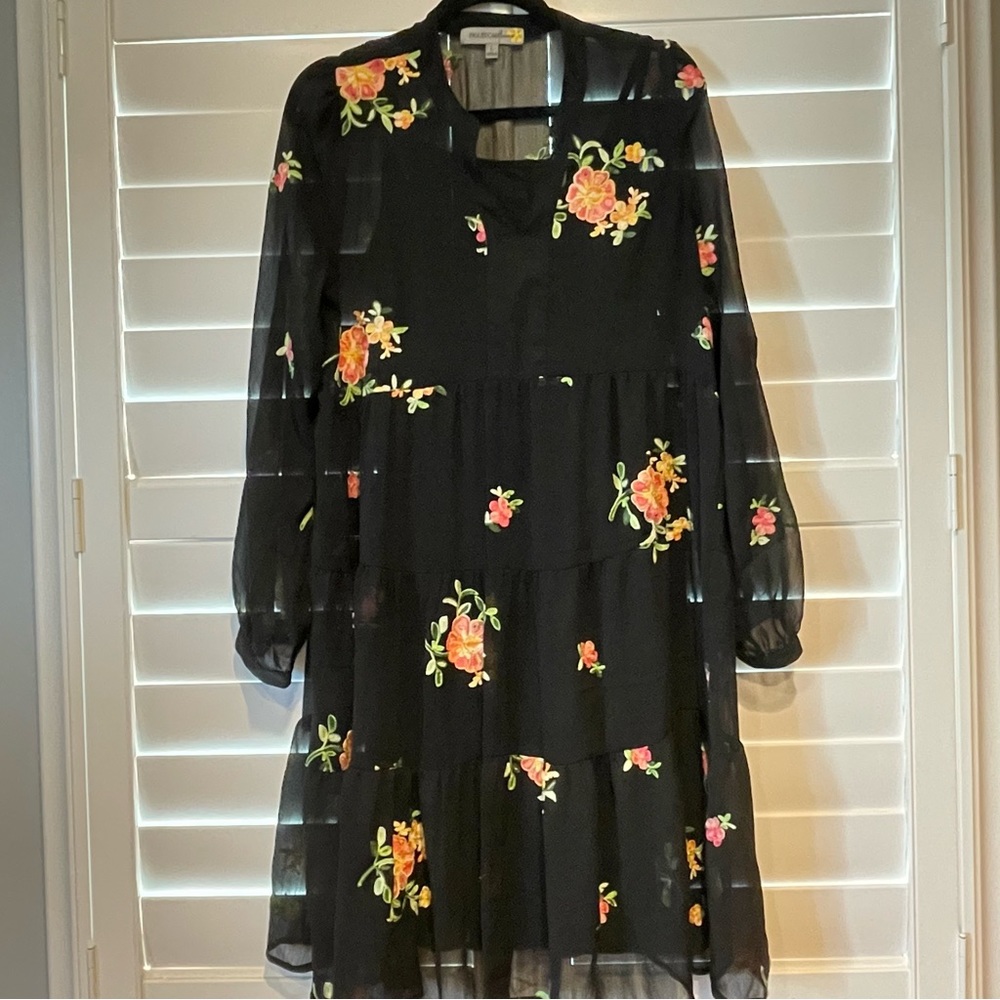 Figueroa Flower Embroidered Sheer Tiered Midi Dress Black Pink Multi Large